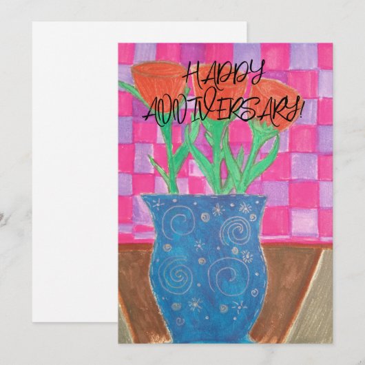 GELUKKIG JUBILEUM! BLOEMEN EN BLAUWE VAAS GERUIT FEESTDAGENKAART (Voorkant / Achterkant)