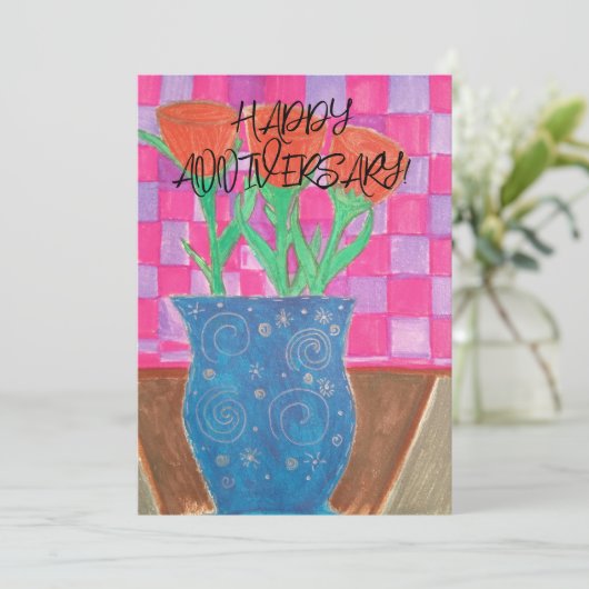 GELUKKIG JUBILEUM! BLOEMEN EN BLAUWE VAAS GERUIT FEESTDAGENKAART (Staand voorkant)