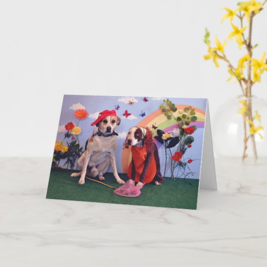 Gelukkig Jubileum, foto van 2 honden & vlinders Kaart (Gele Bloem)