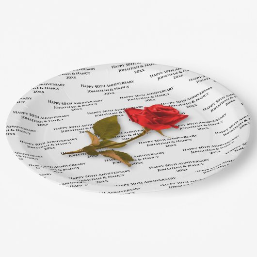 Gelukkig Jubileum | Jouw tekst Patroon | Rood Rose Papieren Bordje (Gekanteld)