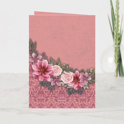 Gelukkig Jubileum Mam Pap Rood Roze op Roze Damask Kaart (Achterkant)