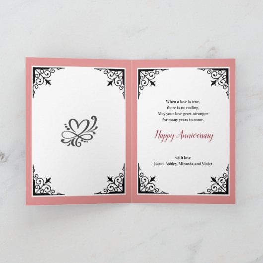 Gelukkig Jubileum Mam Pap Rood Roze op Roze Damask Kaart (Binnen)