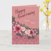 Gelukkig Jubileum Mam Pap Rood Roze op Roze Damask Kaart (Gele Bloem)