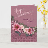 Gelukkig Jubileum Mam Papa Rood Roze Rozen op Dama Kaart (Gele Bloem)