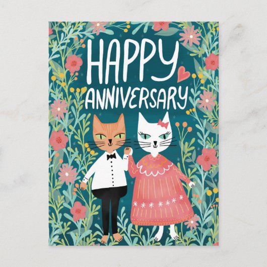 Gelukkig jubileum Purr-fect paar katten bloemen Briefkaart (Voorkant)