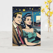 Gelukkig Jubileum | Retro paar bij Drive-In Film Kaart (Gele Bloem)