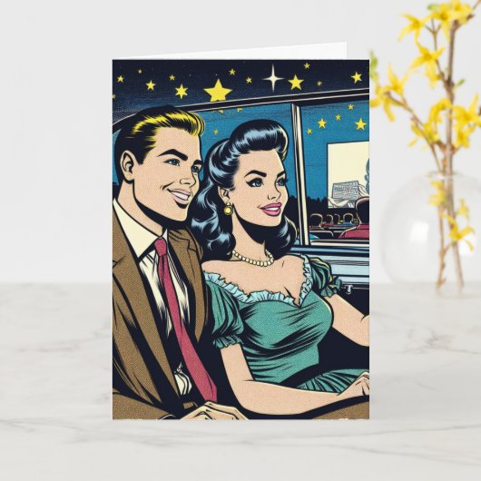 Gelukkig Jubileum | Retro paar bij Drive-In Film Kaart (Gele Bloem)