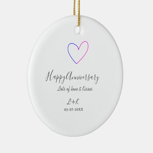 Gelukkig jubileum roze blauw hart naam datum eenvo keramisch ornament (Rechts)