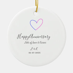 Gelukkig jubileum roze blauw hart naam datum eenvo keramisch ornament