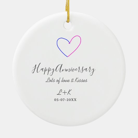 Gelukkig jubileum roze blauw hart naam datum eenvo keramisch ornament (Achterkant)