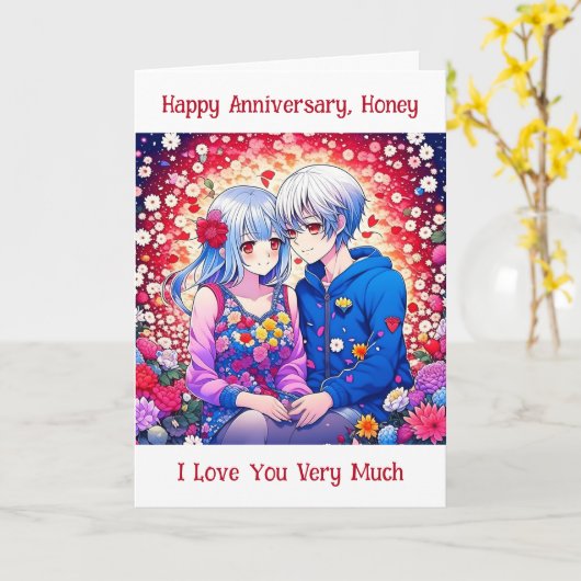 Gelukkig Jubileum | Schattige anime paar Kaart (Gele Bloem)