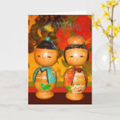 Gelukkig Jubileum, twee Japanse poppen Kaart (Gele Bloem)