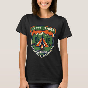 Gelukkig kampeerder badge tent berg kampvuur vinta t-shirt