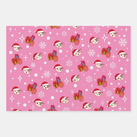 Gelukkig Kat Kerst Wrapping Papier Set van 3 Inpakpapier Vel (Voorkant)
