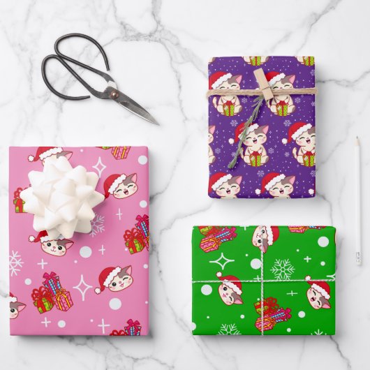 Gelukkig Kat Kerst Wrapping Papier Set van 3 Inpakpapier Vel (Voorkant)