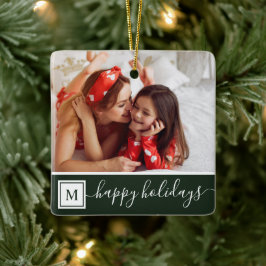 Gelukkig Kerst Foto Modern Groene Monogram Keramisch Ornament