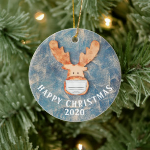 Gelukkig kerstfeest 2020 grappig deer met gezichts keramisch ornament