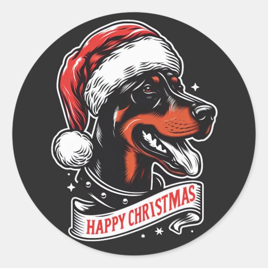 Gelukkig Kerstfeest - Dobermann Santa Hat Grappige Ronde Sticker (Voorkant)