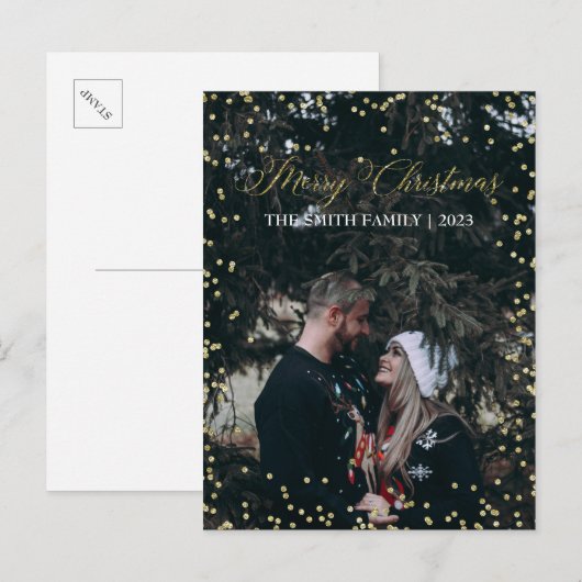 Gelukkig kerstfeest | Gold Stippen Holiday Foto Br Aankondigingskaart (Voorkant / Achterkant)