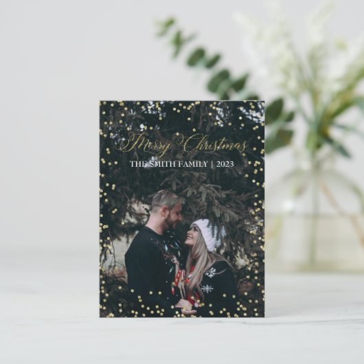 Gelukkig kerstfeest | Gold Stippen Holiday Foto Br Aankondigingskaart (Staand voorkant)