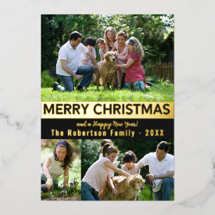 Gelukkig kerstfeest nieuwjaar oud zwart goud folie feestdagenkaart