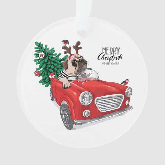 Gelukkig kerstfeest | Pug Driving Vintage Car Ornament (voorkant)