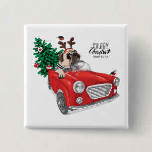 Gelukkig kerstfeest Pug Driving Vintage Car Vierkante Button 5,1 Cm