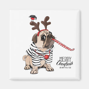 Gelukkig kerstfeest   Pug Reindester Magneet