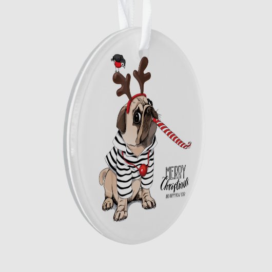 Gelukkig kerstfeest | Pug Reindester Ornament (voorkant)