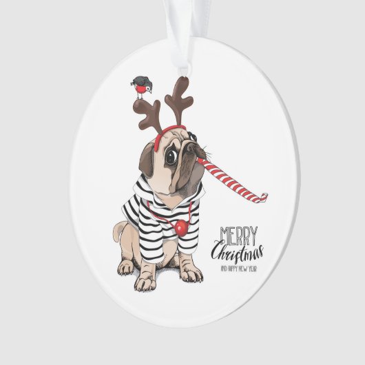 Gelukkig kerstfeest | Pug Reindester Ornament (voorkant)