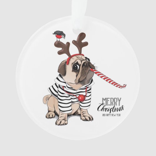 Gelukkig kerstfeest | Pug Reindester Ornament (voorkant)