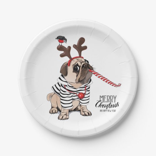 Gelukkig kerstfeest | Pug Reindester Papieren Bordje (Voorkant)