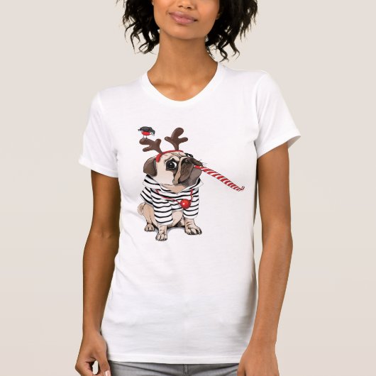Gelukkig kerstfeest | Pug Reindester T-shirt (Voorkant)