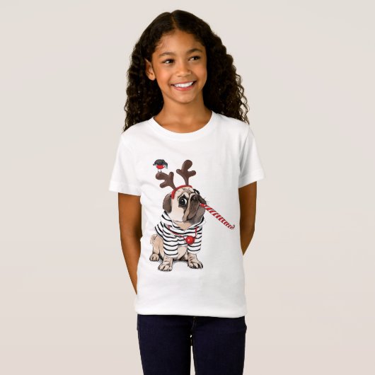 Gelukkig kerstfeest | Pug Reindester T-shirt (Voorkant volledig)