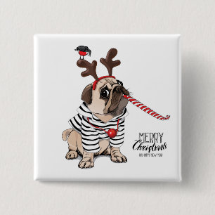 Gelukkig kerstfeest   Pug Reindester Vierkante Button 5,1 Cm