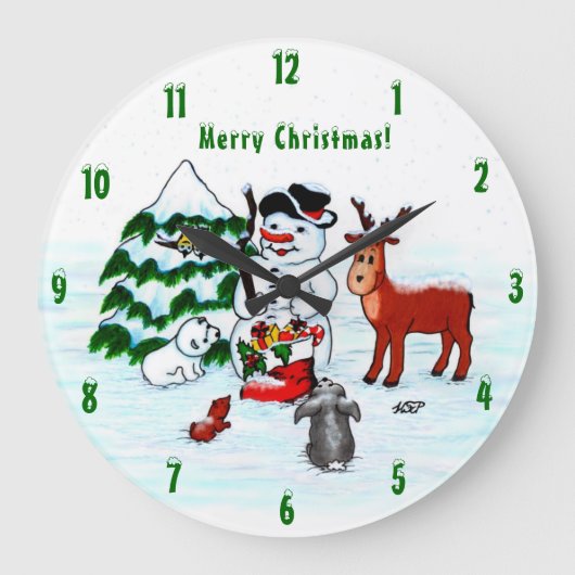 Gelukkig kerstfeest! Snowman met vrienden Grote Klok (Voorkant)