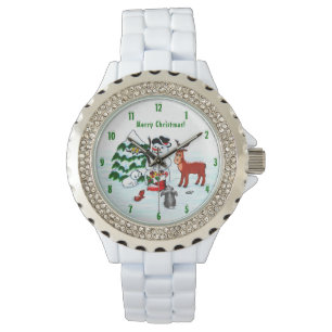 Gelukkig kerstfeest! Snowman met vrienden Horloge