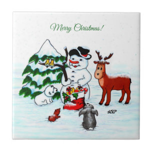 Gelukkig kerstfeest! Snowman met vrienden Tegeltje