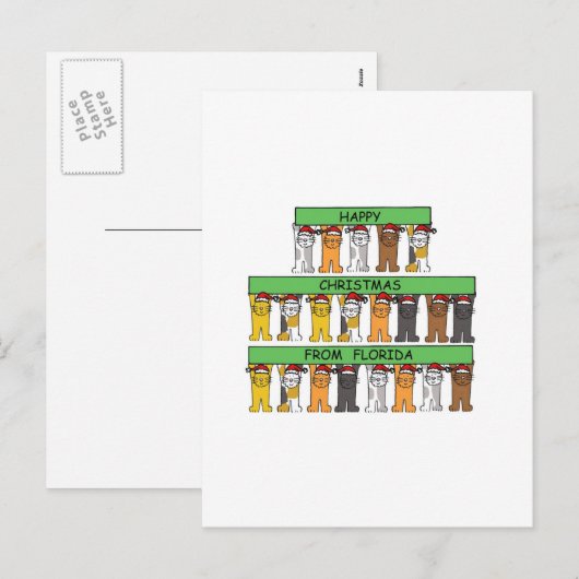 Gelukkig kerstfeest vanuit Florida Cartoon Cats Feestdagenkaart (Voorkant / Achterkant)