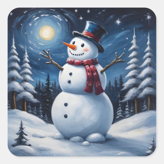 Gelukkig kerstman van sneeuw vierkante sticker (Voorkant)