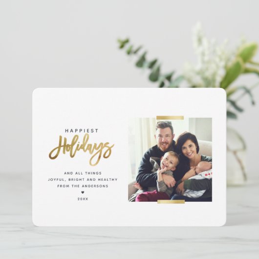 Gelukkig Kerstmis Minimalistisch Goud Modern Foto Feestdagenkaart (Staand voorkant)