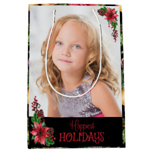 Gelukkig Kerstmis Poinsettia Familie Foto Medium Cadeauzakje
