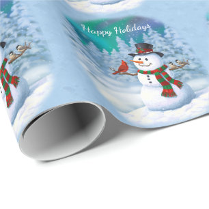 Gelukkig Kerstmis Sneeuwman & Vogels Winterlandsch Cadeaupapier