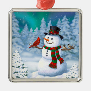 Gelukkig Kerstmis Sneeuwman & Vogels Winterlandsch Metalen Ornament