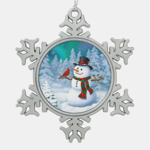 Gelukkig Kerstmis Sneeuwman & Vogels Winterlandsch Tin Sneeuwvlok Ornament