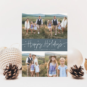 Gelukkig Kerstscript Slate Blue Multi-foto Feestdagenkaart