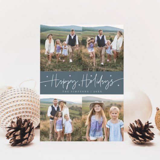 Gelukkig Kerstscript Slate Blue Multi-foto Feestdagenkaart
