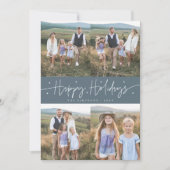 Gelukkig Kerstscript Slate Blue Multi-foto Feestdagenkaart (Voorkant)