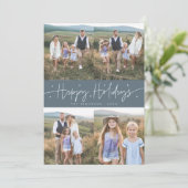 Gelukkig Kerstscript Slate Blue Multi-foto Feestdagenkaart (Staand voorkant)