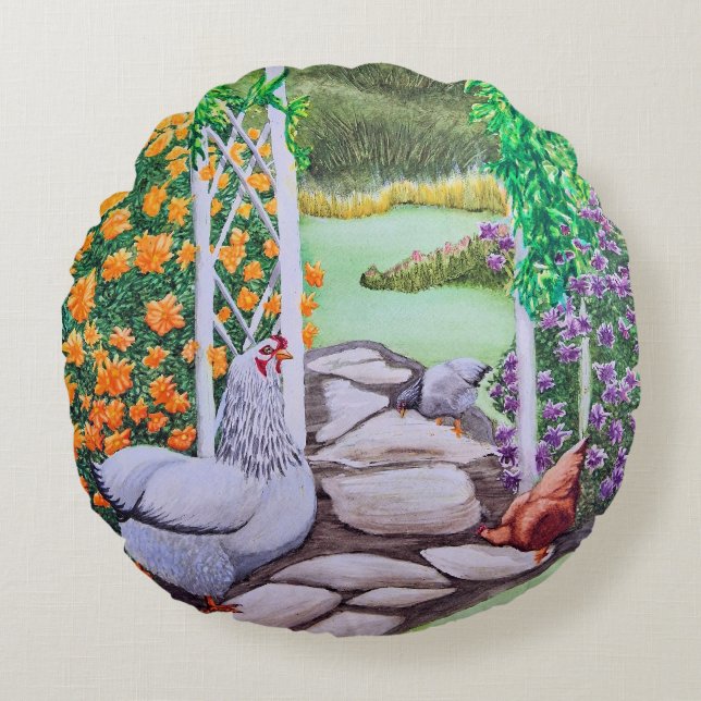 Gelukkig Kippen Tuin  Rond Kussen (Voorkant)